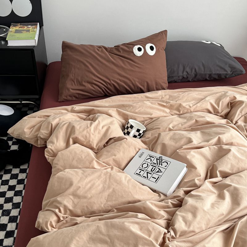 JazzHer Ins Style Nordic Bedding Set No Filling Duvet Cover Pillowcase with Cute Eye Embroidered Solid Color Single Queen Size Bed Linen