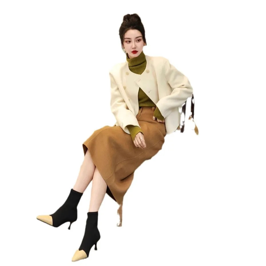 cold weather outfits JazzHer Fashionable High-End Tweed Style Women's Sweater Skirt Leather Jacket Suit New Arrival Autumn 2024 Elegant and Stylish