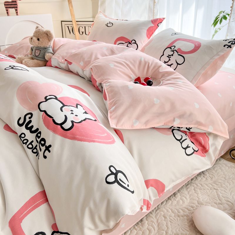 JazzHer Princess Style Bedding Set Girls Twin Queen Full Size Duvet Cover Set Bed Flat Sheet Pillowcase Kids Adult Pink Letter Bed Linen