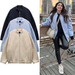 JazzHer Ladies Vintage Fashion With Pockets Front Zipper Loose Autumn Winter Jacket Women Coat Long Sleeves Chic Tops Outfits Female