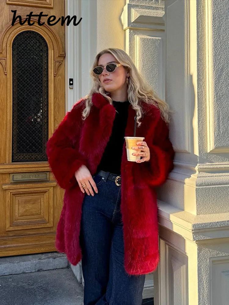 JazzHer Street Women's Red Faux Fur Coats Loose Lapel Long Sleeves Female Fluffy Jacket 2024 Winter Lady Luxury Thicken Furry Overcoats