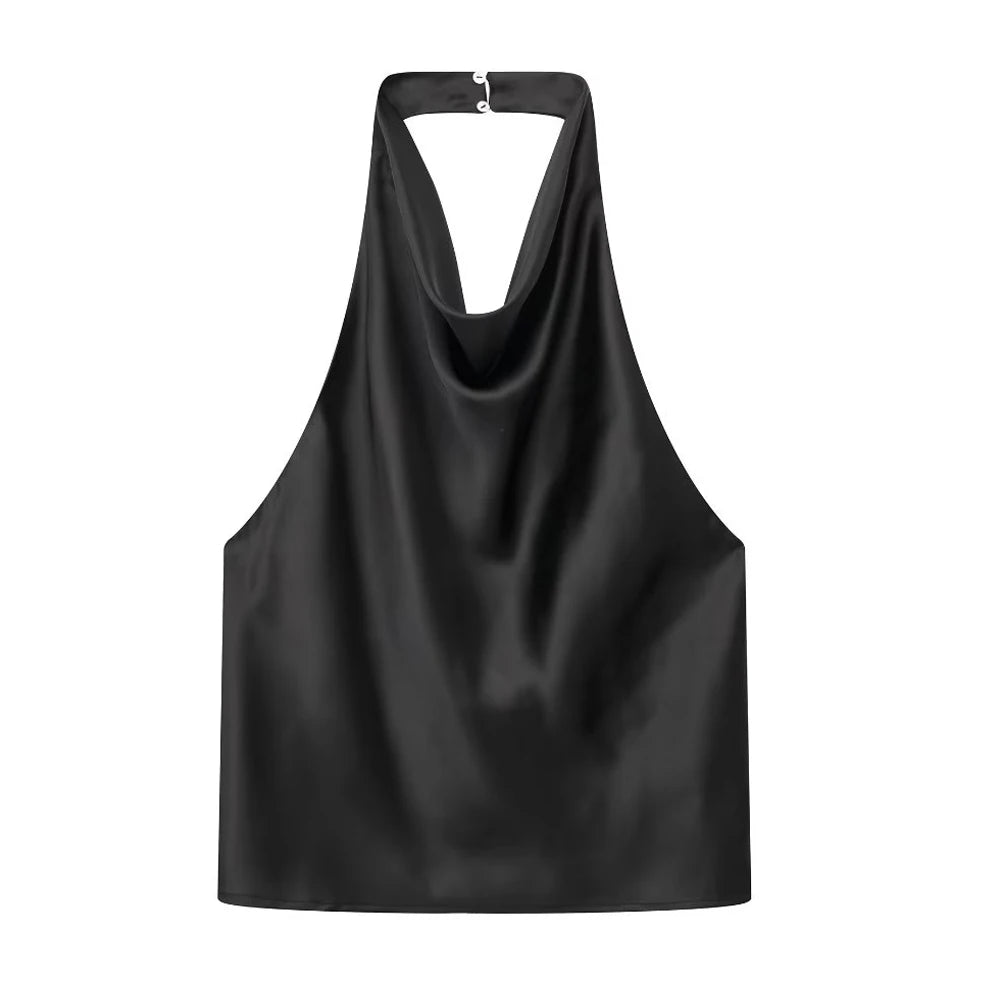 JazzHer Women Fashion Satin Flowing Halterneck Tank Tops Sexy Backless With Button Female Camis Mujer