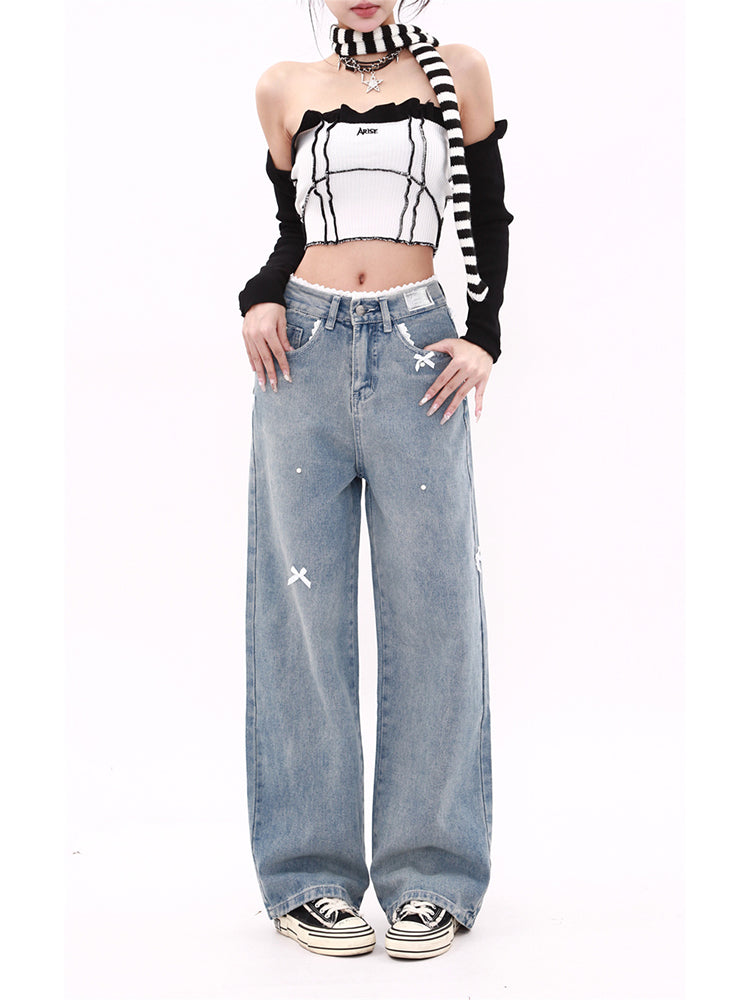 christmas outfit JazzHer Women's Y2k Baggy Bow Jeans Harajuku Oversize Denim Trousers Streetwear Vintage Japanese 2000s Style Jean Pants Trashy Clothes