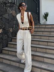 thanksgiving outfit JazzHer Elegant Vest Pant Sets Women White V-neck Sleeveless Button Short Top Wide Leg Pants Female 2024 Summer Fashion Office Lady Set