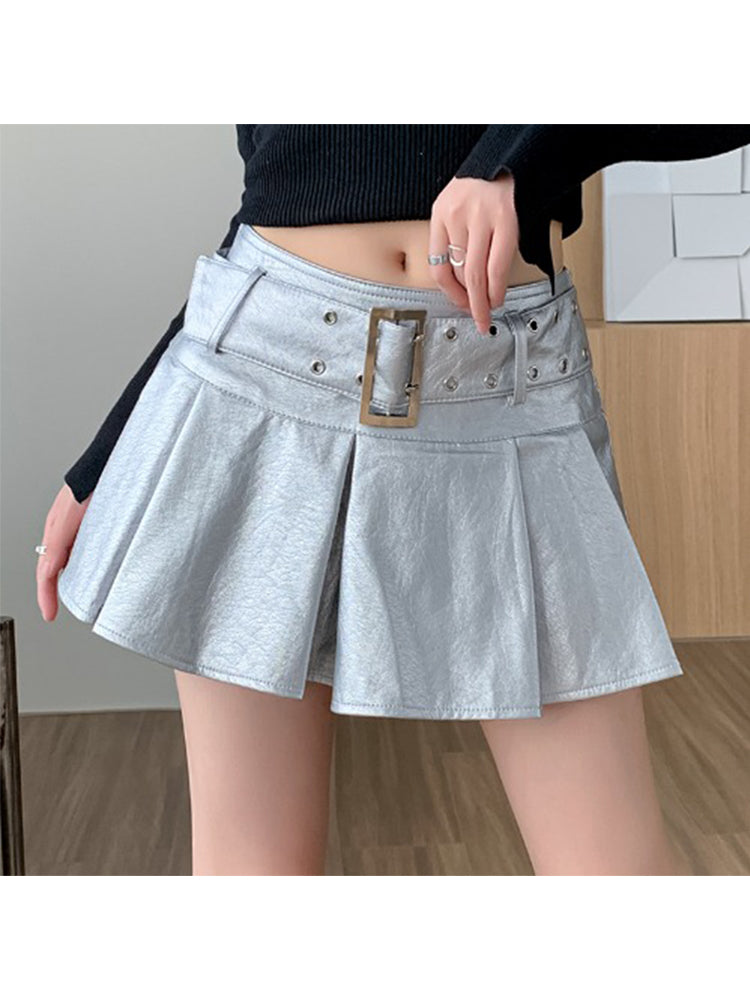 christmas outfit JazzHer Women Leather Skirts Vintage Female Streetwear Korean High Waist Fashion Y2k Black Gothic Punk Silver A-line Pleated Mini Skirt