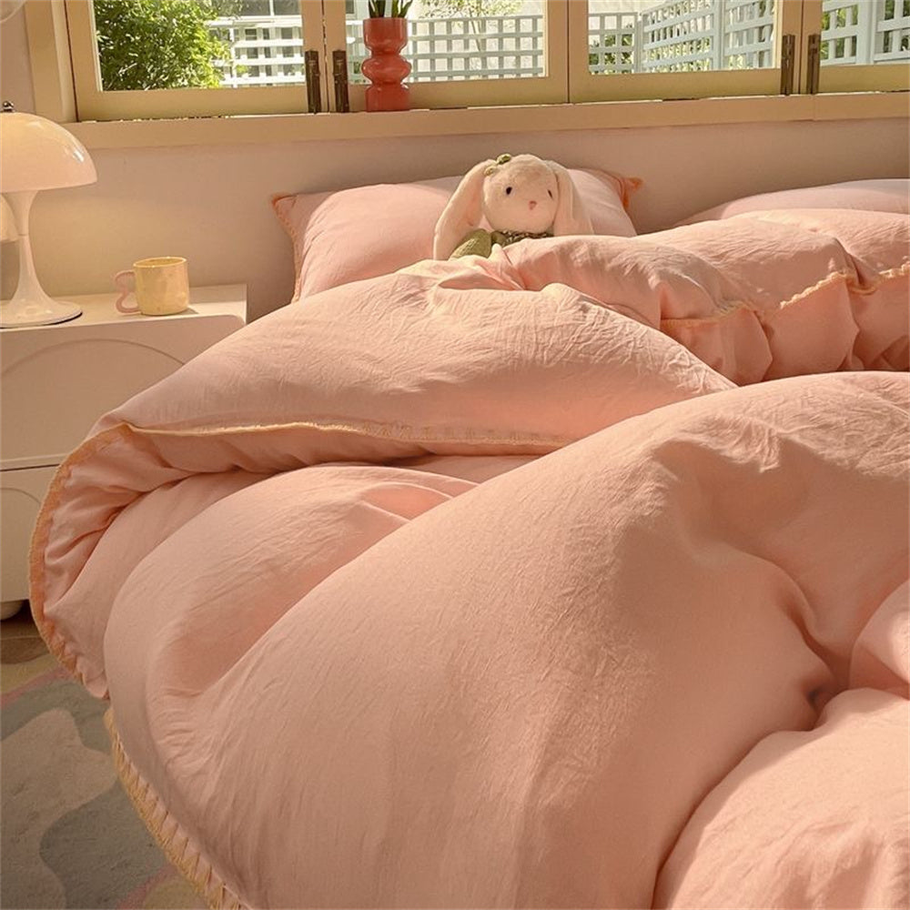 JazzHer Ins Style Pink Solid Color Bedding Sheet Nordic Duvet Cover Set Hot Sale Home Luxury Bedding Set Bed Sheet Comfortable Bedspread