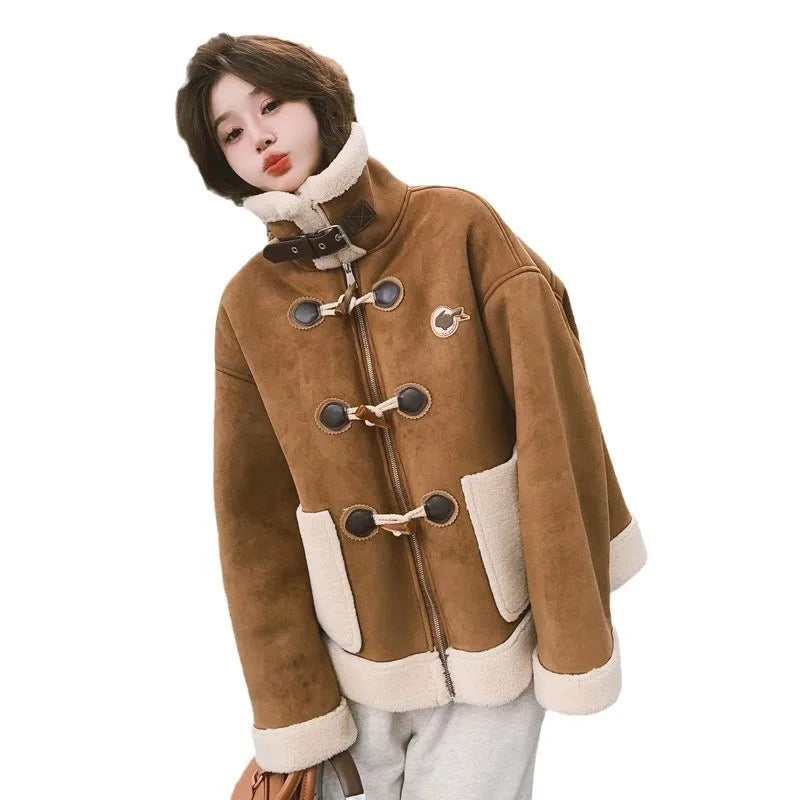 cold weather outfits JazzHer Vintage Brown Leather Women's Cropped Jacket Lamb Wool Integrated Pocket Maillard Autumn/Winter New Arrival Thickened Loose Fit