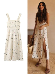 JazzHer Ladies Embroidery Elegant Printed Halter Summer Dress Women Sexy Side Split Back Tie Chic Beach Long Dress Female Vestidos Robe