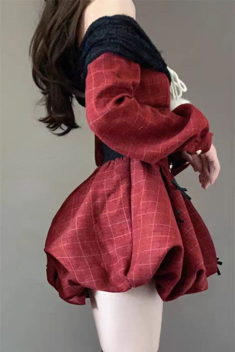 JazzHer 2025 Spring Christmas Red Elegant Party Dress Women Casual Sweet Plaid Bow Dresses Female Korean Fashion Chic Kawaii Mini Dress