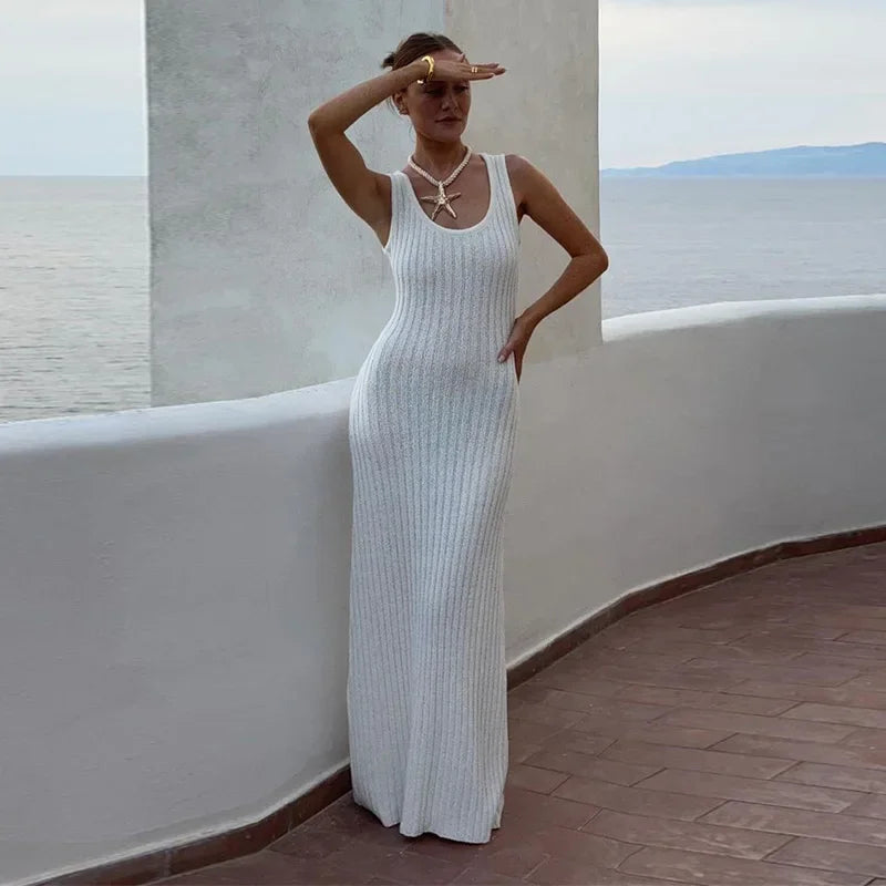 thanksgiving outfit JazzHer Elegant Knitted Long Dress Women Ribbed Sleeveless O-neck White Holiday Bodycon Dresses Female 2024 Autumn Slim Ladies Robe