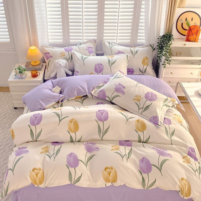 JazzHer Ins Pink Flowers Bedding Set Flat Bed Sheet Pillowcase Twin Full Queen Size Nordic Bed Linen Women Girls Floral Duvet Cover Set