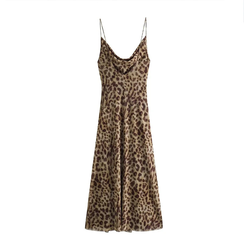 JazzHer Leopard Print Mesh Sling Dress Women Sexy Backless Sleeveless Hip Package Female Dresses 2024 Summer Lady Evening Party Robes