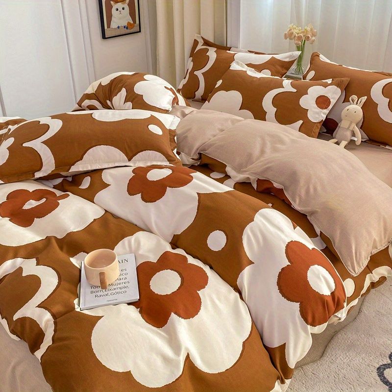 JazzHer Korean Style Duvet Cover Set No Filler Fashion Floral Ins Twin Double Queen Size Boys Girls Flat Sheet Pillowcases Bedding Linen