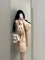 JazzHer 2025 Japanese Sweet Knitted Dress Suits Women Casual Hooded Sweater Cardigan + Y2k Slim Sexy Strap Dress Elegant 2 Piece Set New