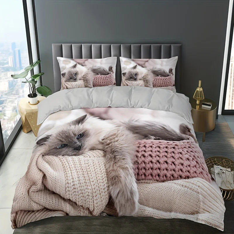 JazzHer 3pcs Lazy Cat Animal Duvet Cover Set Soft Comfortable And Breathable HD Printing Bedding For Home Dorm