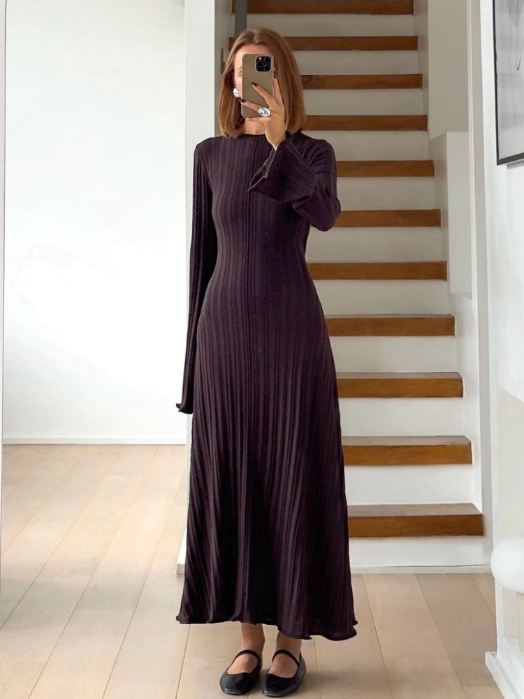 JazzHer New Chic Solid Lace Up Ruffles Edge Knitted Long Dress Elegant Women's O-neck Full Sleeve Robe Casual Female 2025 Spring Dresses