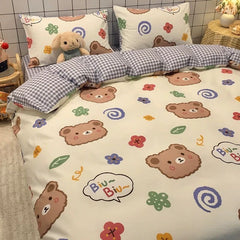 JazzHer Cute Bear Bedding Set Cartoon Floral And Animal Duvet Cover Blue Flat Sheet Soft Polyester Kawaii Queen Full Size Bed Linen