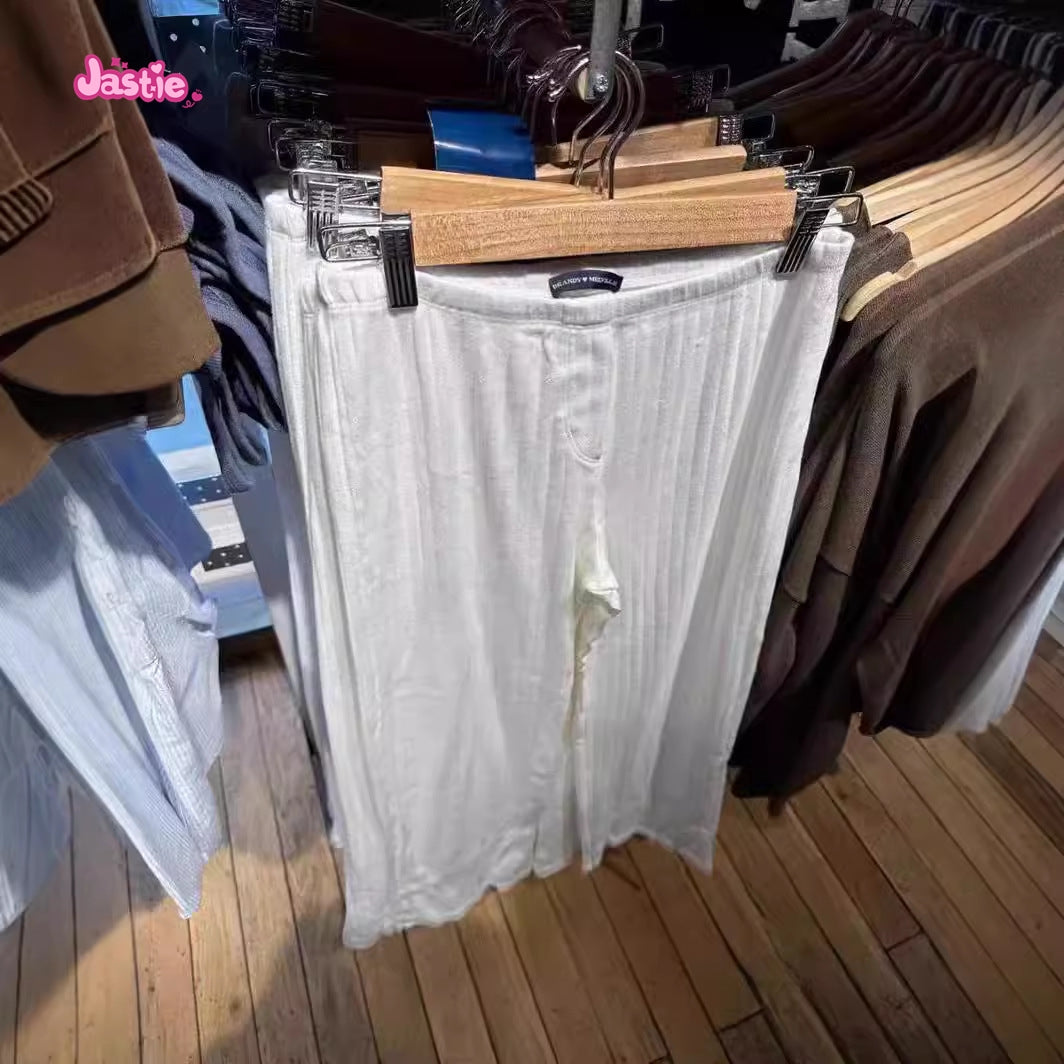 JazzHer New White Eyelets Homwear Women Toruser Cotton Elastic Waist Casual Straight Pant For Women With Hollow Versatile Female Clothes