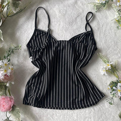 JazzHer Stripe pattern bow decoration suspenders emo girls casual Y2K crop tops chic street hip hop retro harajuku lace trim women's top