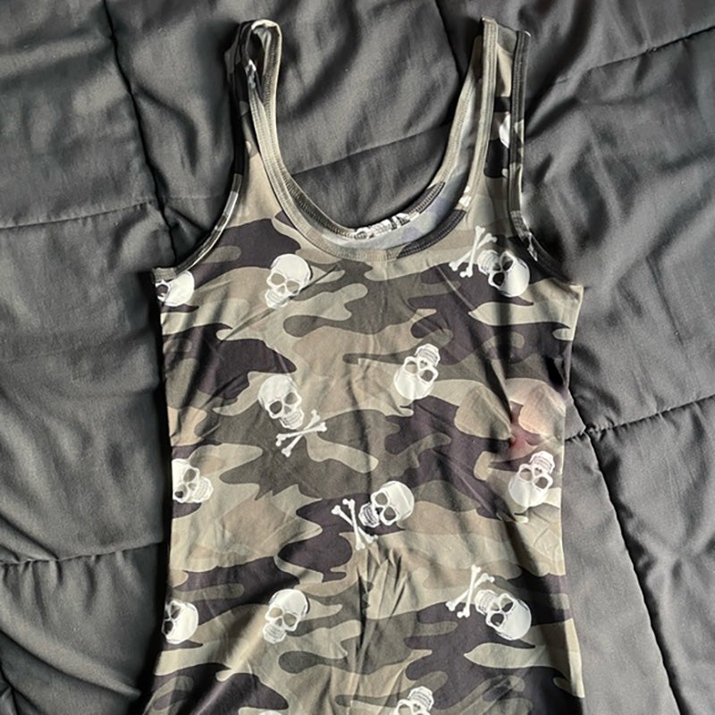 JazzHer Y2k Crop Top Gothic Skull Camouflage Print Summer Tank Top Streetwear Hip Hop Graphic Vintage Sleeveless Retro T-shirts EMO Girl