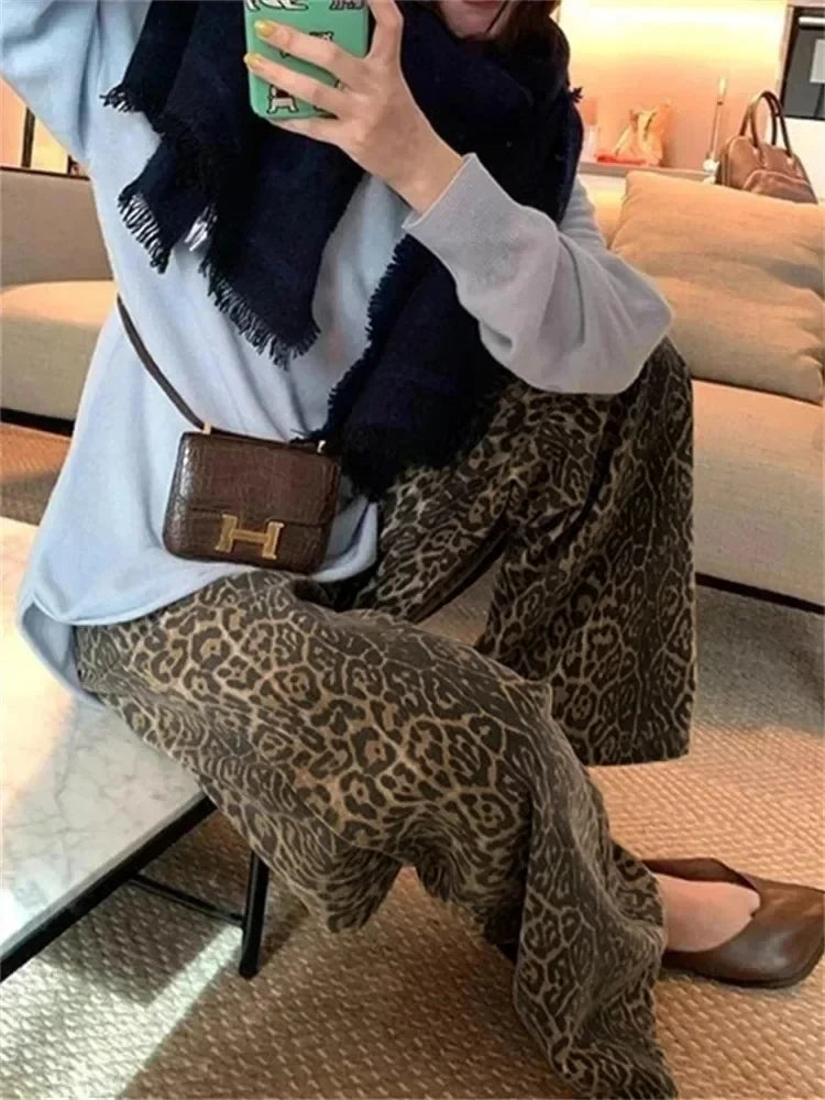 thanksgiving outfit JazzHer Baggy Wide Leg Jeans Women Leopard Print High Waist Straight Pants 2024 Spring Summer Fashion Streetwear Y2k Retro Denim Trouser