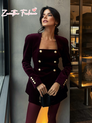 JazzHer 2025 New Burgundy Women's Elegant Velvet Mini Skirt Set Chic Square Neck Metal Buttons Slim Tops Suit Lady Fashion Formal Outfit