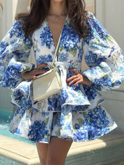 thanksgiving outfit JazzHer Flower Print Ruffles Layered Short Dress Women V Neck Long Puff Sleeve Pleated Mini Party Dresses 2024 Summer Fashion Lady Robe