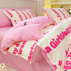 JazzHer Princess Style Bedding Set Girls Twin Queen Full Size Duvet Cover Set Bed Flat Sheet Pillowcase Kids Adult Pink Letter Bed Linen