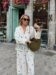 JazzHer Flower Print Trousers Suits Women 2 Pcs Casual Turn Down Collar Long Sleeve Lady Shirt Sets Wide Leg Pants 2025 New Chic Spring