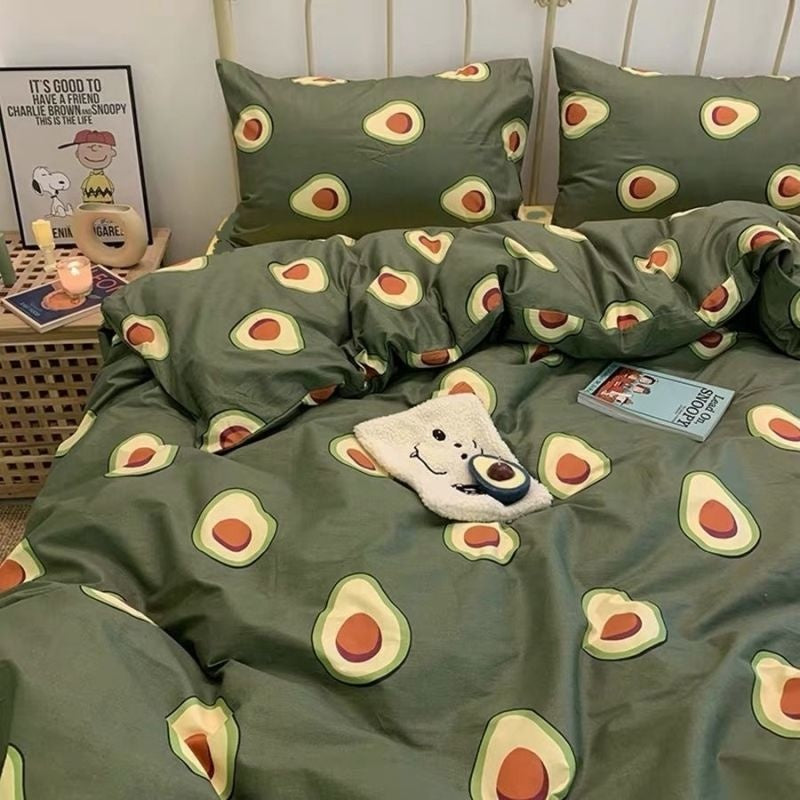 JazzHer Nordic Style Ins Avocado Green Bedding Set Cartooon Fruit Quilt Cover Polyester High Quality Comforter Full Size With Pillowcase