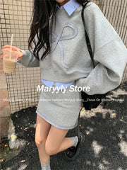 JazzHer Autumn  New Korean Preppy Style Sweet 3 Piece Set Women Y2k Bow Embroider Sweater + Striped Polo Shirt  + High Waist Mini Skirt