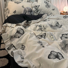 JazzHer Korean Style Ink Butterfly Bedding Set Summer Ice Silk Cool 4pcs Bed Sheet Set Duvet Cover 2 Pillowcases For Girls