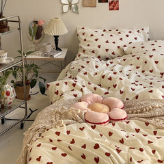 JazzHer Korean Red Heart Bedding Set No Filler Twin Queen Duvet Cover Flat Sheet Pillowcase Girls Adults Fashion Floral Home Textile