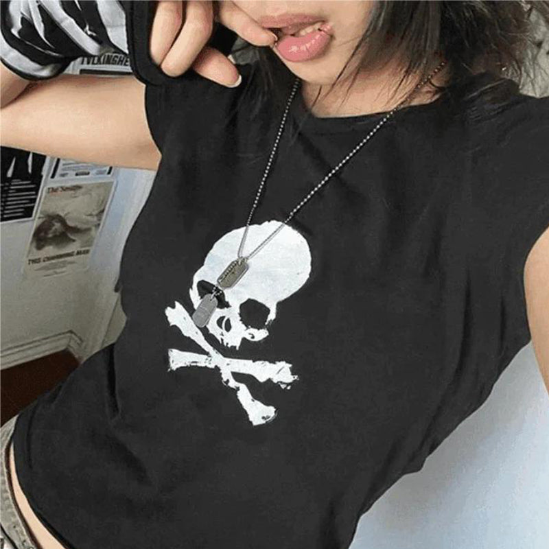 JazzHer Vintage Harajuku Aesthetic Skull Print American Crop Top Sexy Chic Slim Fashion Short Streetwear Y2K Emo Girl Rock Punk Baby Tee