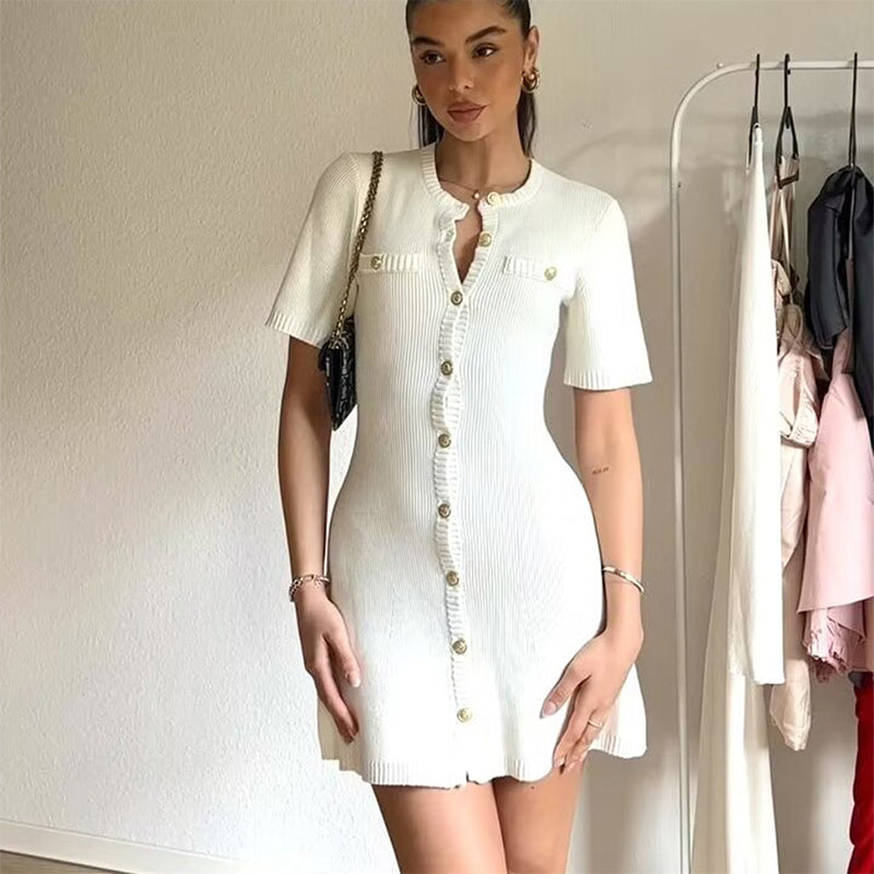 JazzHer Elegant Knit Single Breasted Mini Dress Women O-neck Short Sleeve Fake Pocket Patchwork Female Dresses 2024 Summer Lady Vestidos