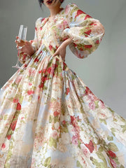 JazzHer 2025 New French Elegant Floral Midi Dress Woman Beach Style Holiday Long Sleeve Dress A-line Fashion Even Party Dress Vestidos