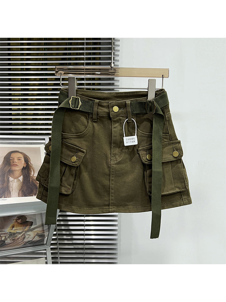 christmas outfit JazzHer Women Denim Cargo A-line Skirt Vintage Y2k Khaki Skirt Harajuku Korean Streetwear Fashion A-line Skirts Emo 2000s Trashy Clothes