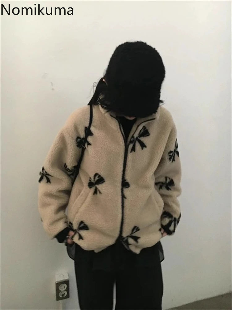 JazzHer Streetwear Chic Lamb Wool Jacket Women Winter Clothing Stand Neck Zipper Outwear Y2k Tops Korean Fashion Print Casual Warm Coats