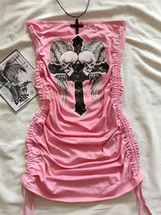 JazzHer Pink Dress Women Kawaii Clothing Gothic Sexy Summer Backless High waist Shirr Patry Dresses Harajuku Kpop Girl Vintage Dress Y2k
