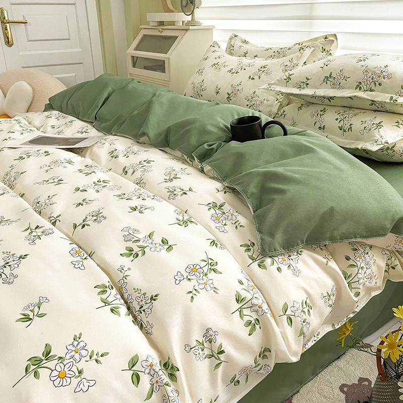 JazzHer Floral Bedding Set Skin Friendly Nordic Style Duvet Cover With Pillowcases INS Flat Bed Sheet Soft Polyester Comforter Sets