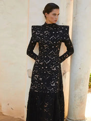 JazzHer Elegant Hollowed Lace Maxi White Dress Women Fashion Mock Neck Long Sleeved Shoulder Padded Robes 2025 Evening Women's Clothing
