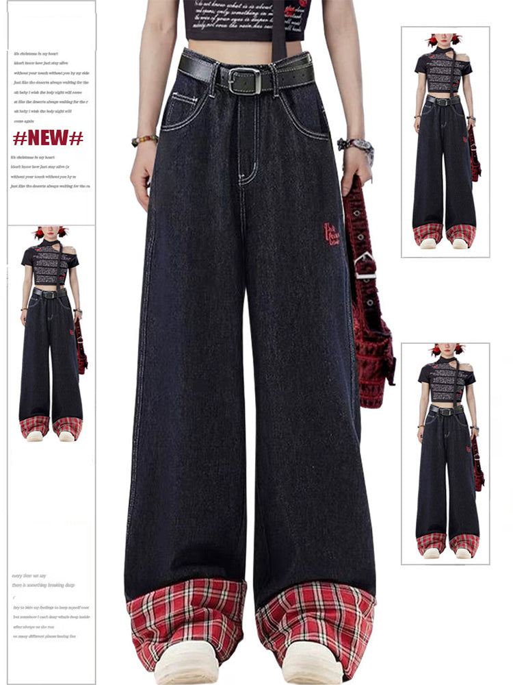 christmas outfit JazzHer Women's Plaid Patchwork Y2k Jeans Harajuku Streetwear Denim Trousers Baggy Jean Pants Vintage 90s Aesthetic 2000s Trashy Clothes