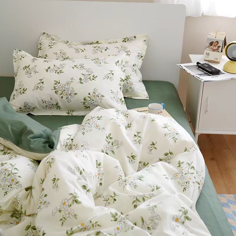 JazzHer Ins Floral Bedding Set Soft Duvet Cover with Zipper No Filler Flat Sheet Pillowcase Cream Green Twin Queen Size Bed Linens