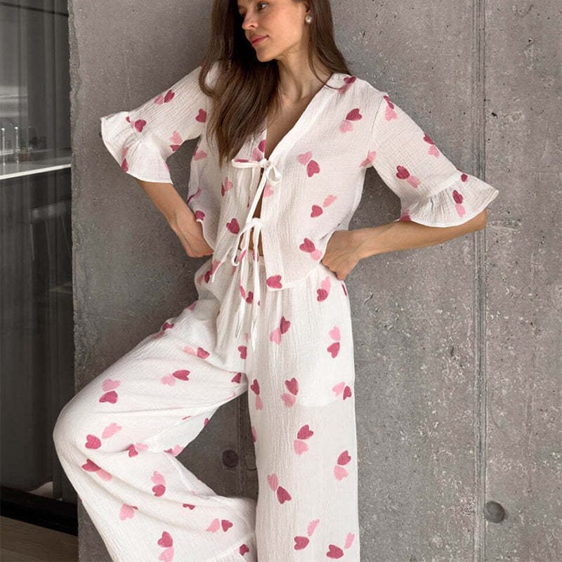 JazzHer Pink Leopard Print Flare Pants Suit Women V-neck Lace Up Half Sleeves Tops Loose Trousers 2024 Spring Summer Lady 2 Pieces Sets