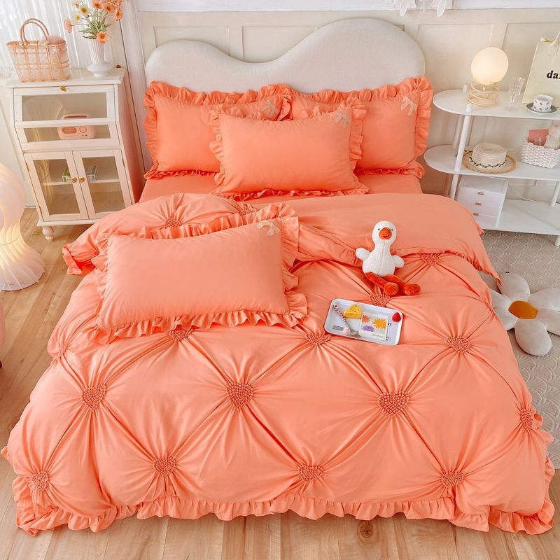 JazzHer Korean version bed skirt four piece set, princess style bedding set, autumn and winter thickened matte four piece set