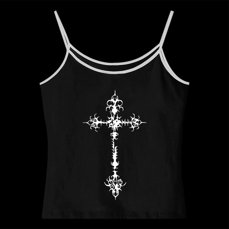 JazzHer Y2K Gothic Grunge Punk Aesthetic Print Lace Camisole Top Fashion Sexy Sleeveless Slim Chic Crop Top 90s Vintage Rock Women's Tee