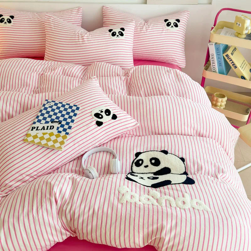 JazzHer Striped Bedding Set Full Size Cartoon Duvet Cover for Kids Purple Bed Sheet Set Single Size Panda Towel Embroidery Bedding Sets