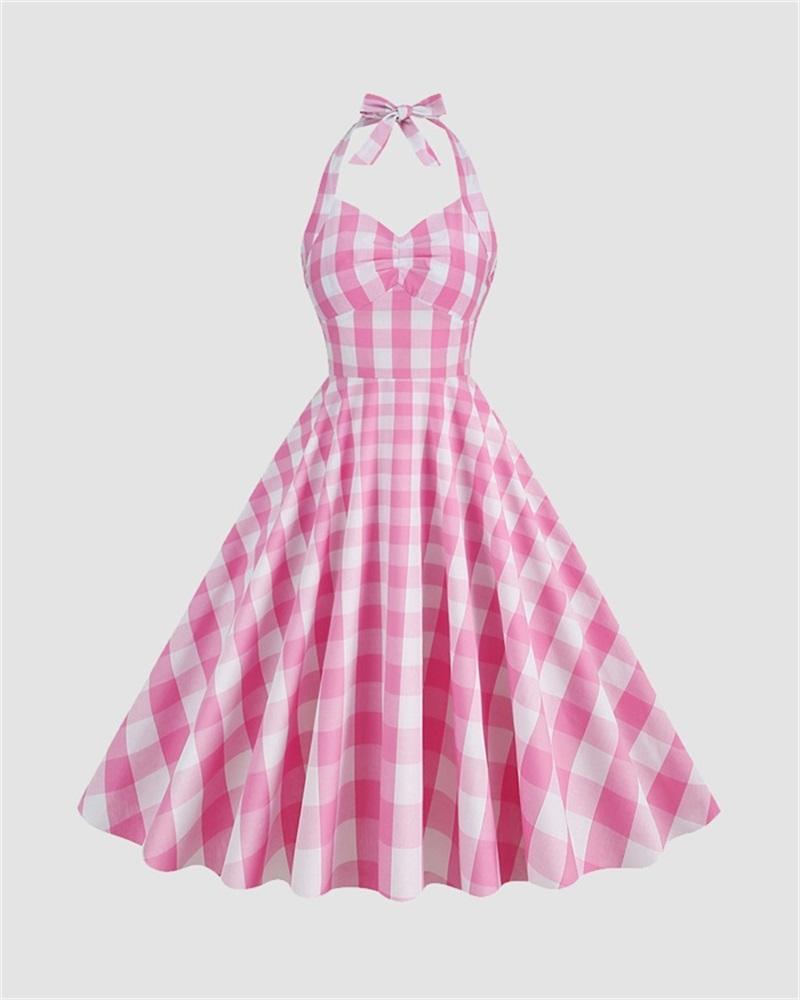 JazzHer Sweet Utopia Halter Flare Gingham Dress