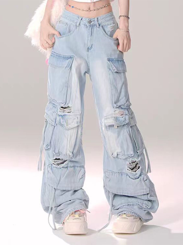 christmas outfit JazzHer Women Blue Baggy Cargo Jeans Harajuku Ripped Denim Trousers Y2k Aesthetic Vintage Japanese 2000s Style Jean Pants Trashy Clothes