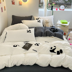 JazzHer Ins Cartoon Panda Bedding Set Towel Embroidery Duvet Cover Queen Twin Full Size Grey Bed Flat Sheet Quilt Cover Pillowcases